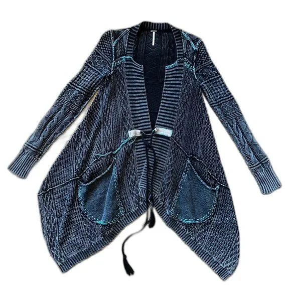 Free People Gray Blue All Washed Out Cable Knit Duster Cardigan  Women's Size XS - Picture 3 of 11